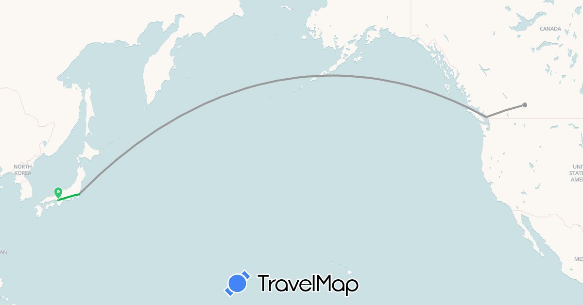 TravelMap itinerary: driving, bus, plane in Canada, Japan (Asia, North America)